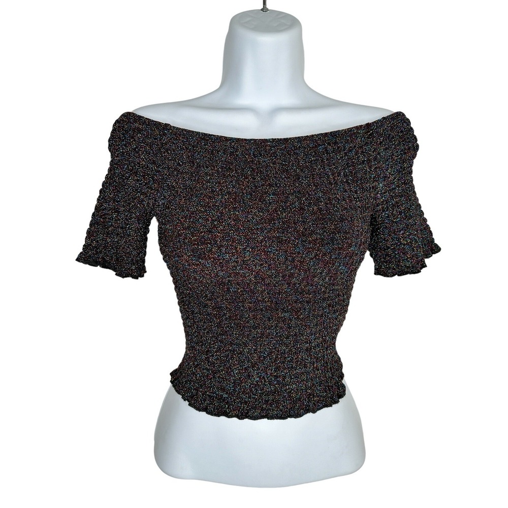 Urban Outfitters Smocked Crop Top S Small Black Multi Metallic Off Shoulder N